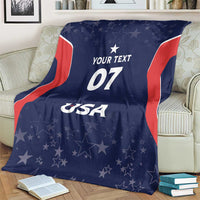Navy blanket with red stripe borders, stars, and 'YOUR TEXT 07' over 'USA'