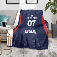Navy custom blanket with red-and-white stripes, stars, and 'YOUR TEXT 07 USA' design