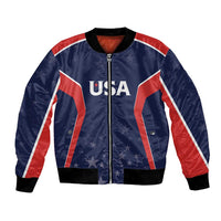 Blue bomber jacket with USA graphic, red/white stripes, front zip and ribbed cuffs