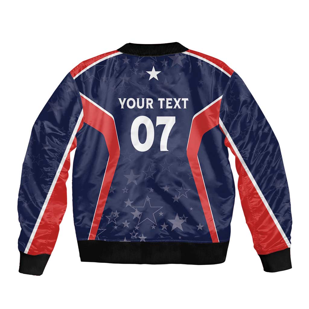 Blue bomber jacket back with YOUR TEXT 07, star pattern, red/white sleeves, ribbed hem