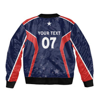 Blue bomber jacket back with YOUR TEXT 07, star pattern, red/white sleeves, ribbed hem