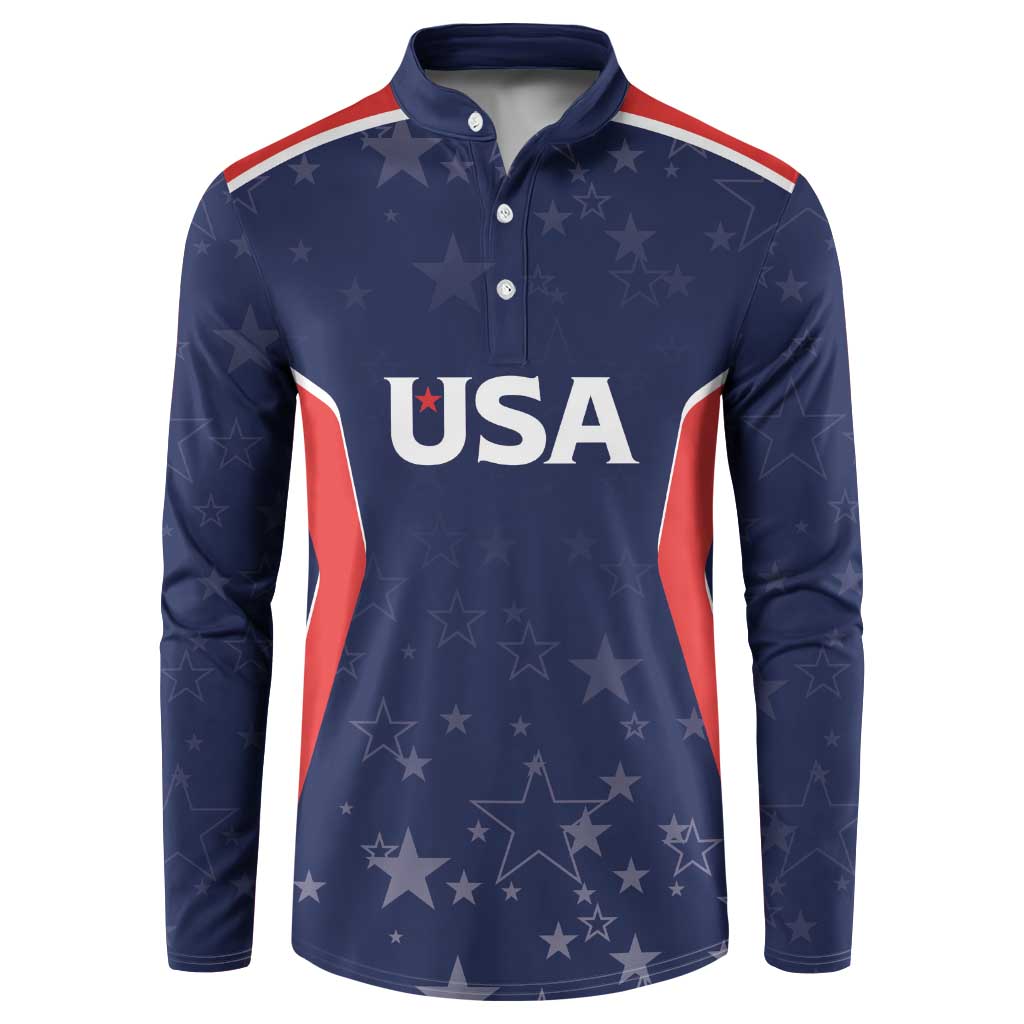 Navy blue long-sleeve button polo with USA graphic and star pattern