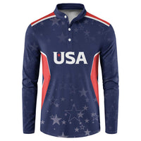 Navy blue long-sleeve button polo with USA graphic and star pattern