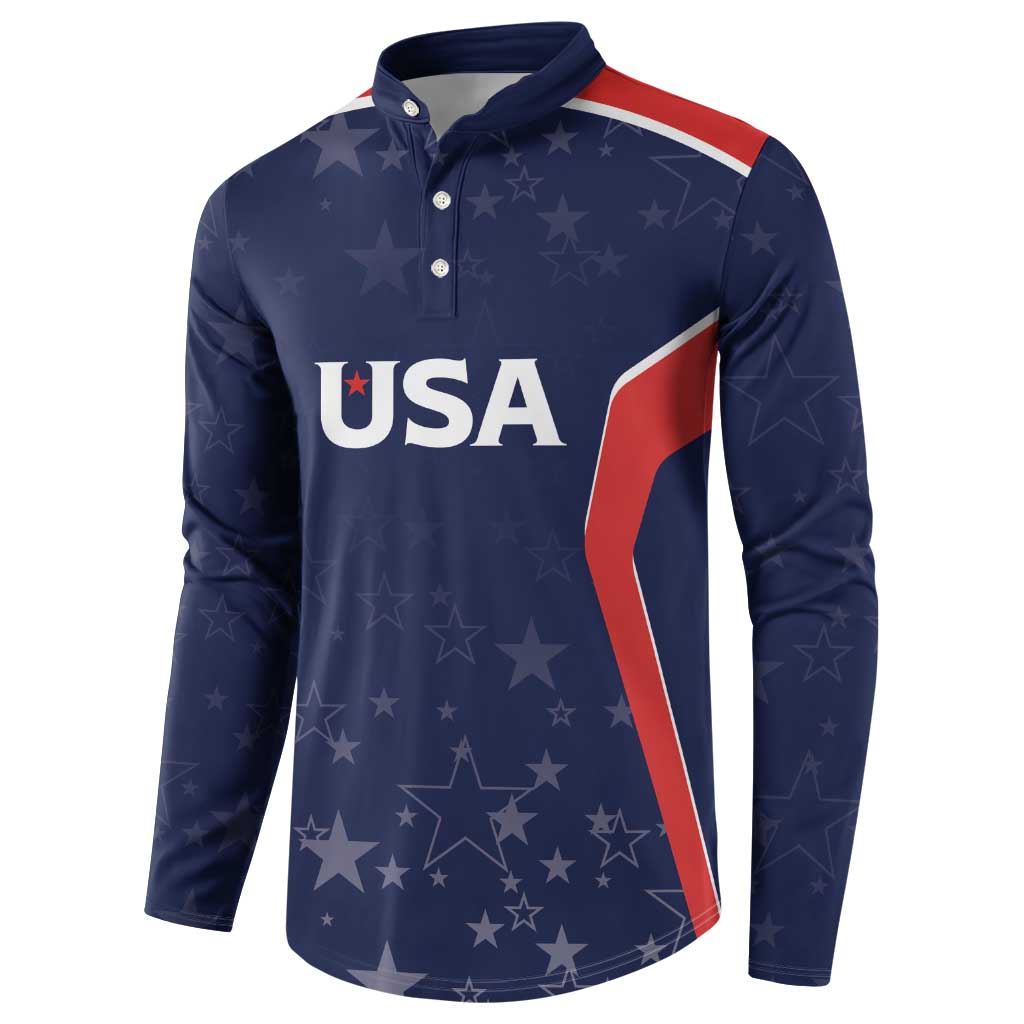 Navy blue long-sleeve button polo with USA logo and red-blue side panel