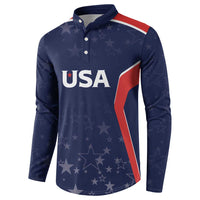 Navy blue long-sleeve button polo with USA logo and red-blue side panel