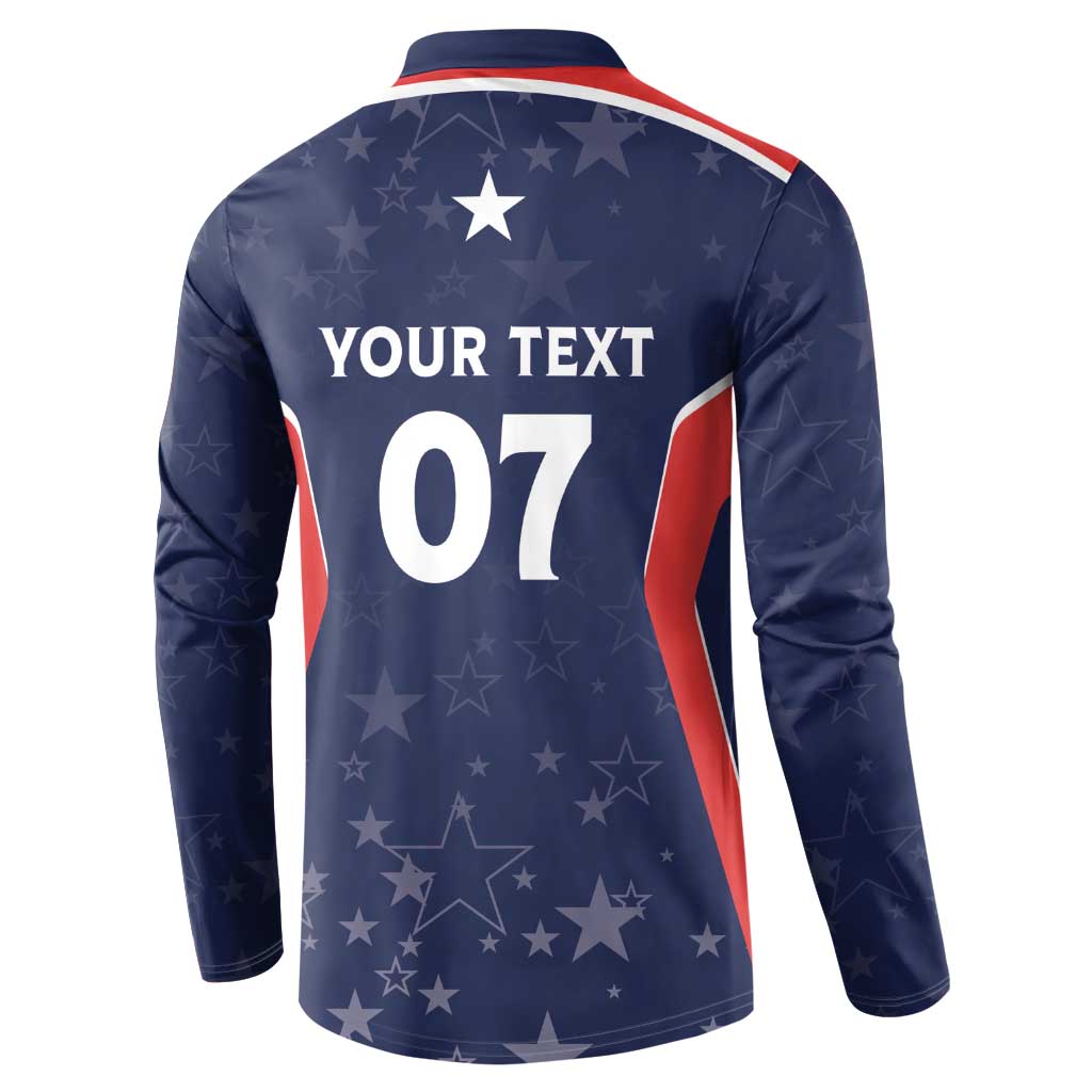 Navy blue long-sleeve button polo back with YOUR TEXT 07 and stars