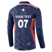 Navy blue long-sleeve button polo back with YOUR TEXT 07 and stars