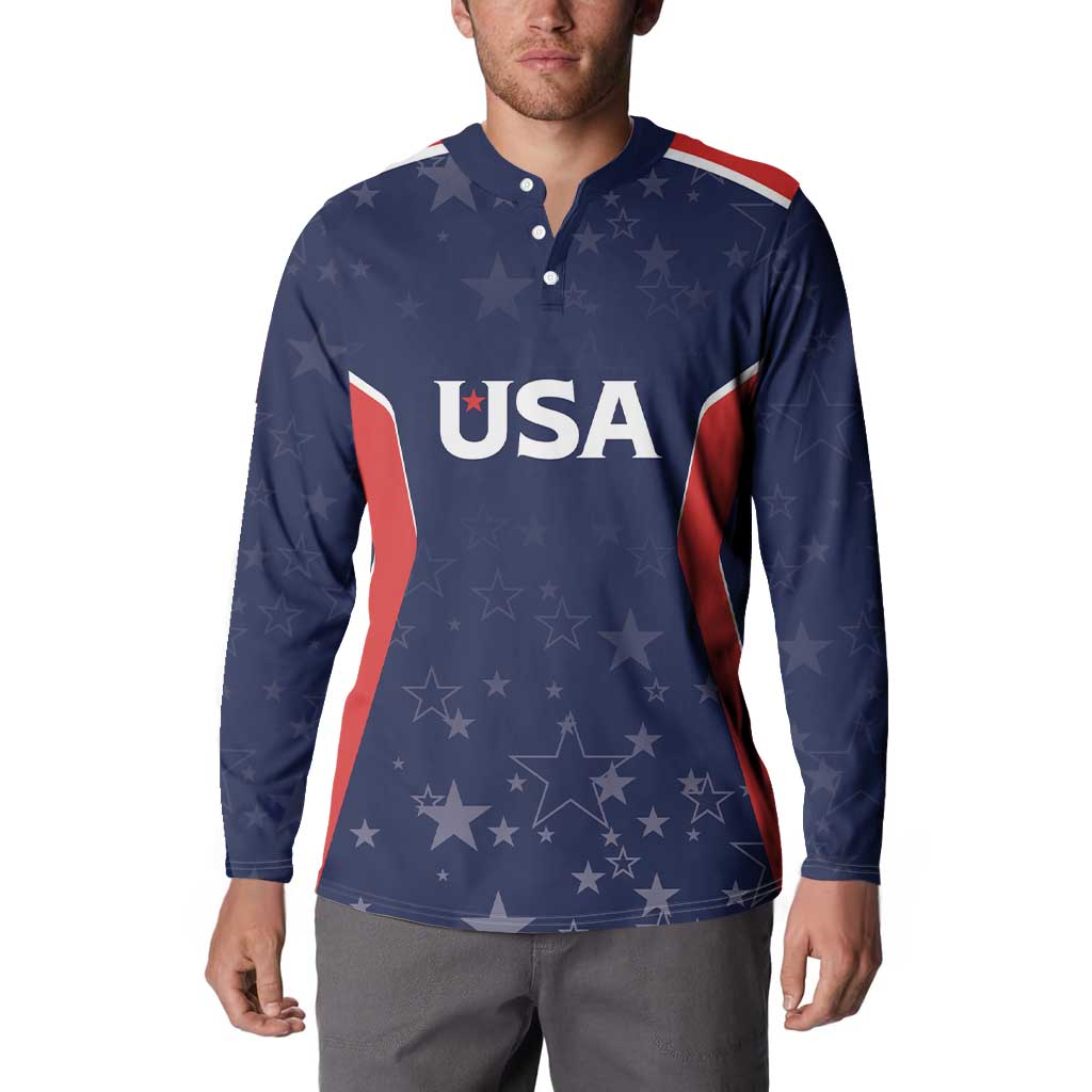 Navy blue long-sleeve button polo with USA logo graphic and star pattern