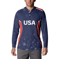 Navy blue long-sleeve button polo with USA logo graphic and star pattern