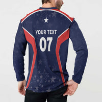 Navy blue long-sleeve button polo back with YOUR TEXT 07, star print