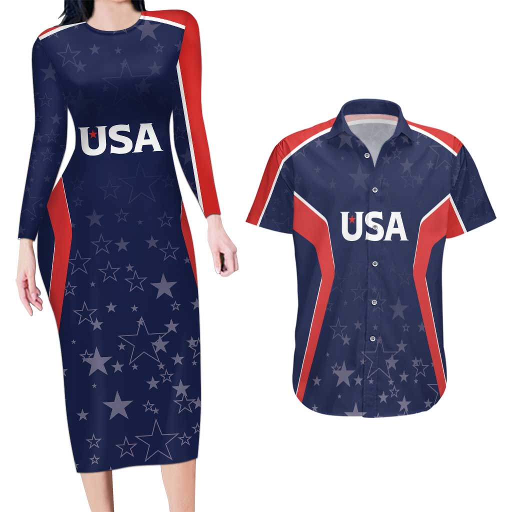 USA Cricket World Cup 2024 Custom Couples Matching Long Sleeve Bodycon Dress and Hawaiian Shirt All Stars Sprangle LT7 - Wonder Print Shop