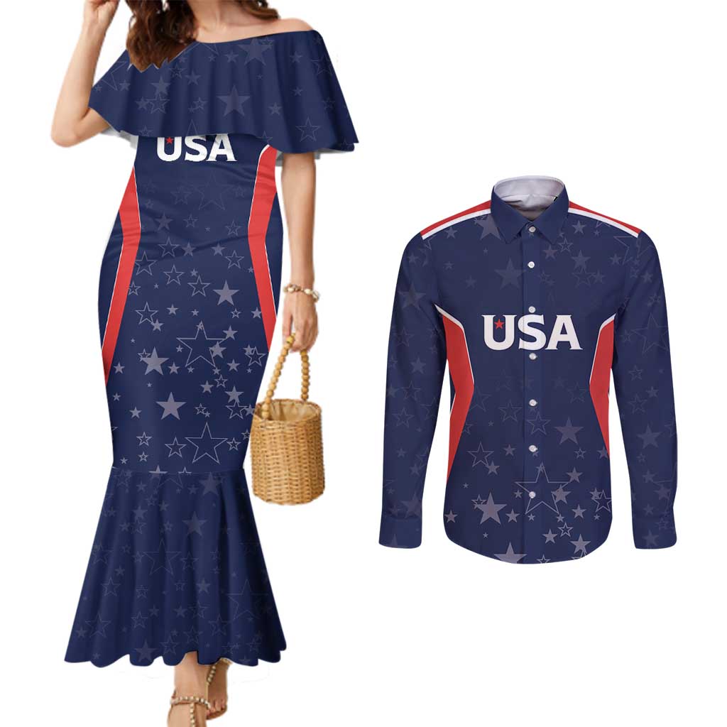 USA Cricket World Cup 2024 Custom Couples Matching Mermaid Dress and Long Sleeve Button Shirt All Stars Sprangle