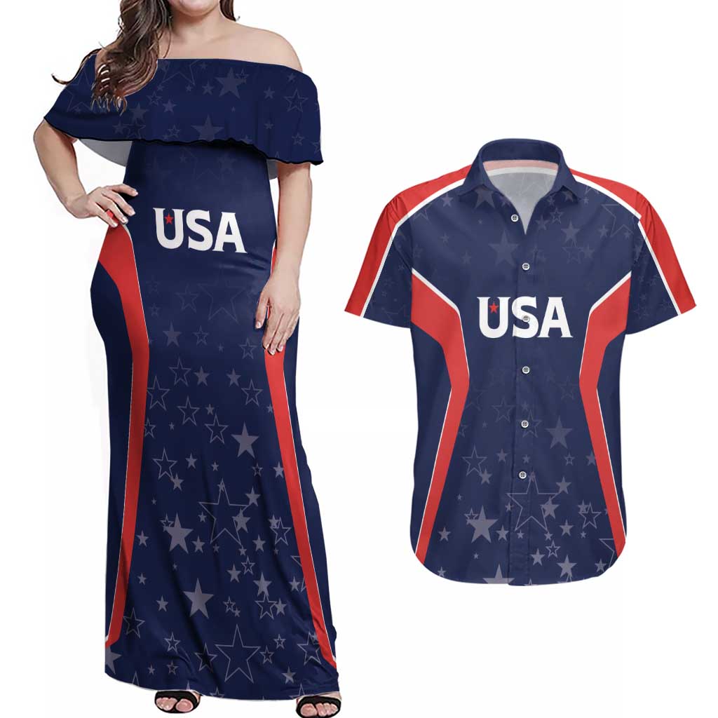 USA Cricket World Cup 2024 Custom Couples Matching Off Shoulder Maxi Dress and Hawaiian Shirt All Stars Sprangle LT7 - Wonder Print Shop