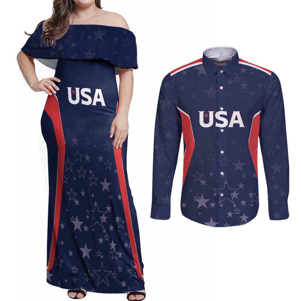 USA Cricket World Cup 2024 Custom Couples Matching Off Shoulder Maxi Dress and Long Sleeve Button Shirt All Stars Sprangle LT7 - Wonder Print Shop