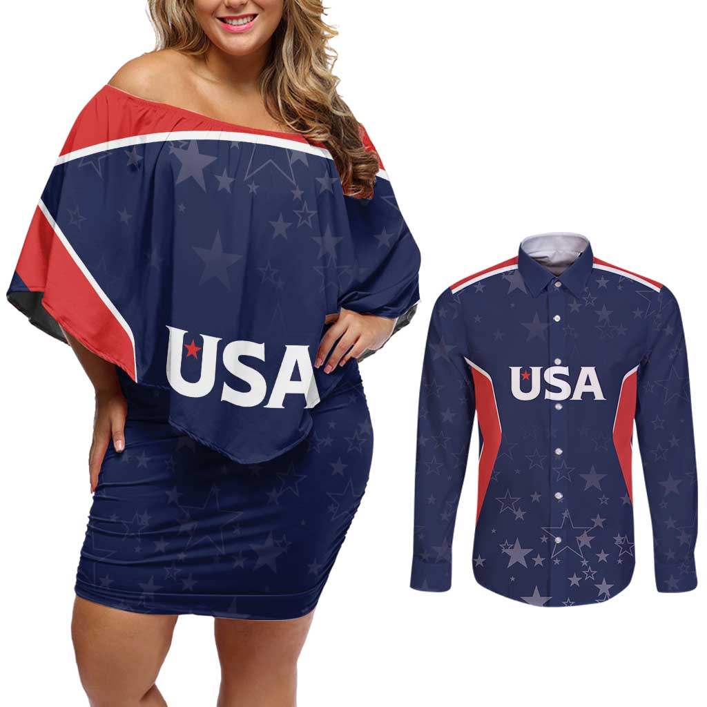 USA Cricket World Cup 2024 Custom Couples Matching Off Shoulder Short Dress and Long Sleeve Button Shirt All Stars Sprangle LT7 - Wonder Print Shop