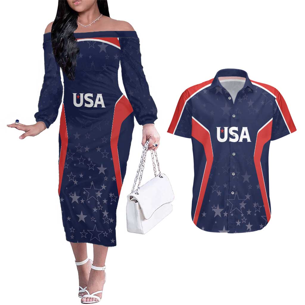 USA Cricket World Cup 2024 Custom Couples Matching Off The Shoulder Long Sleeve Dress and Hawaiian Shirt All Stars Sprangle LT7 - Wonder Print Shop