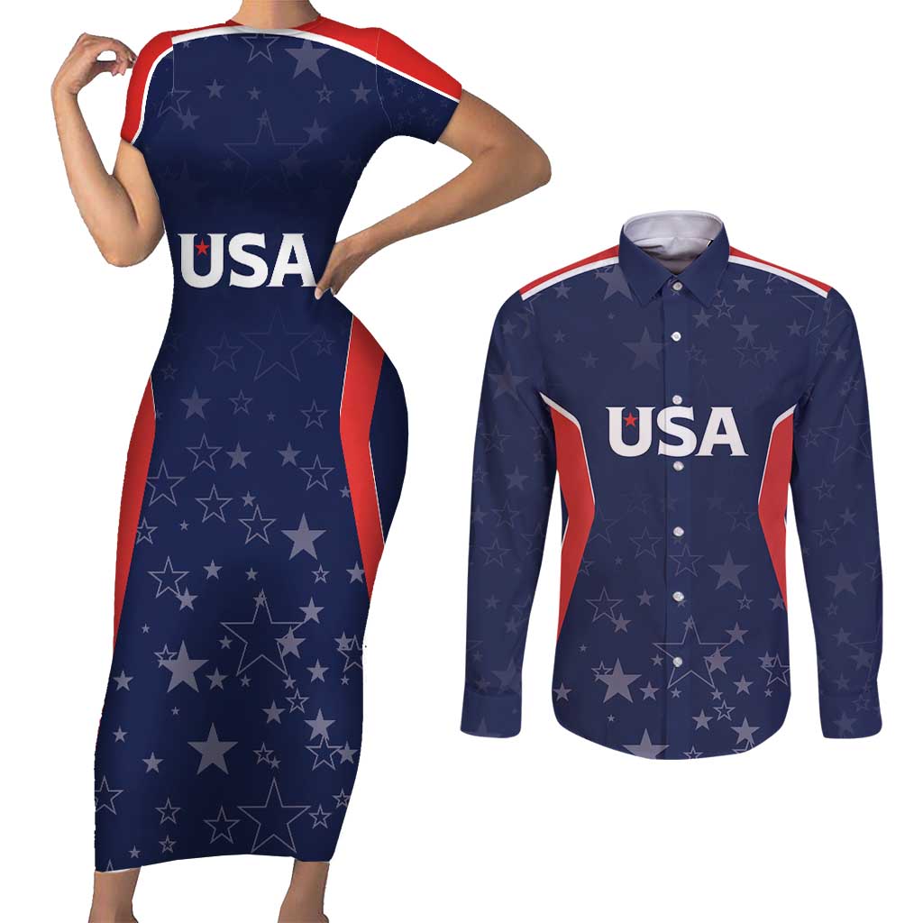 USA Cricket World Cup 2024 Custom Couples Matching Short Sleeve Bodycon Dress and Long Sleeve Button Shirt All Stars Sprangle LT7 - Wonder Print Shop