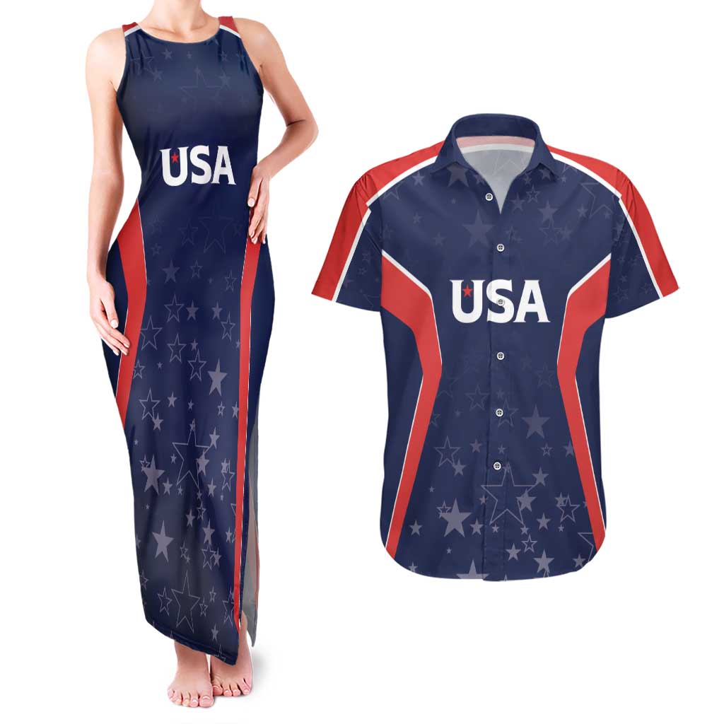 USA Cricket World Cup 2024 Custom Couples Matching Tank Maxi Dress and Hawaiian Shirt All Stars Sprangle LT7 - Wonder Print Shop