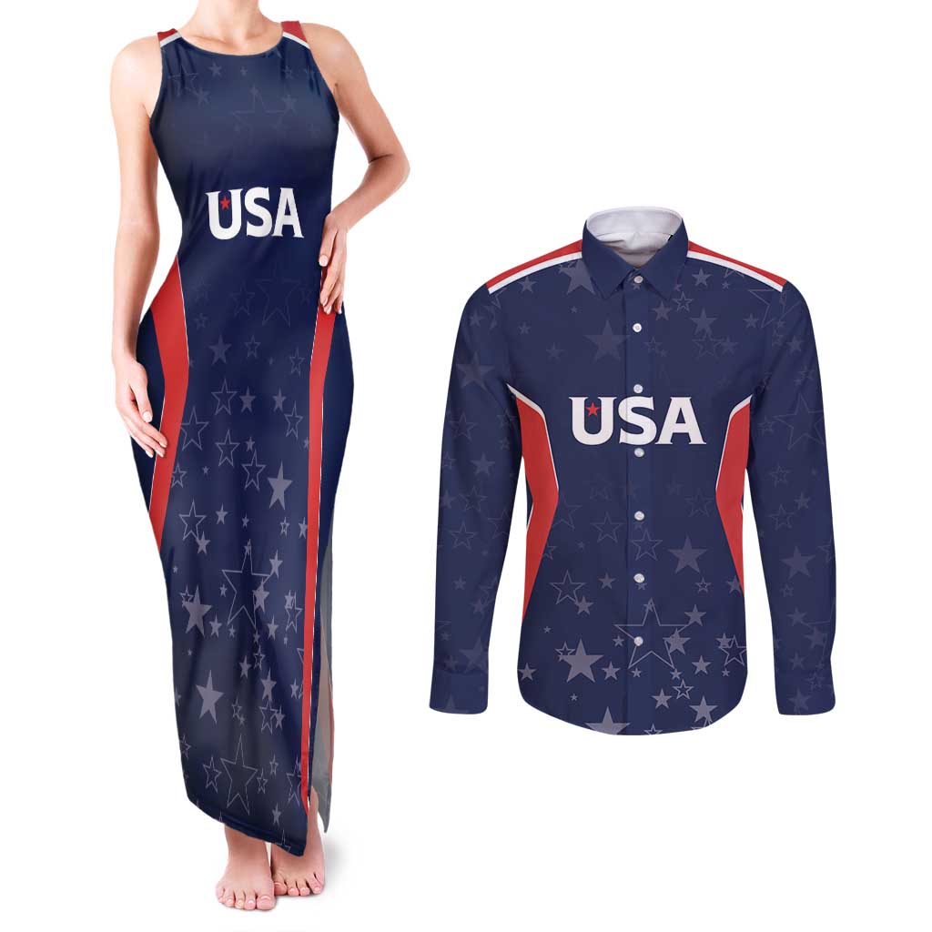 USA Cricket World Cup 2024 Custom Couples Matching Tank Maxi Dress and Long Sleeve Button Shirt All Stars Sprangle LT7 - Wonder Print Shop