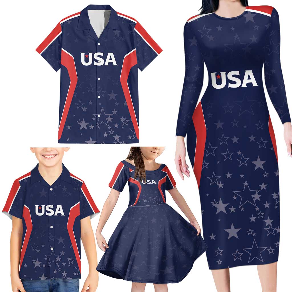 USA Cricket World Cup 2024 Custom Family Matching Long Sleeve Bodycon Dress and Hawaiian Shirt All Stars Sprangle LT7 - Wonder Print Shop