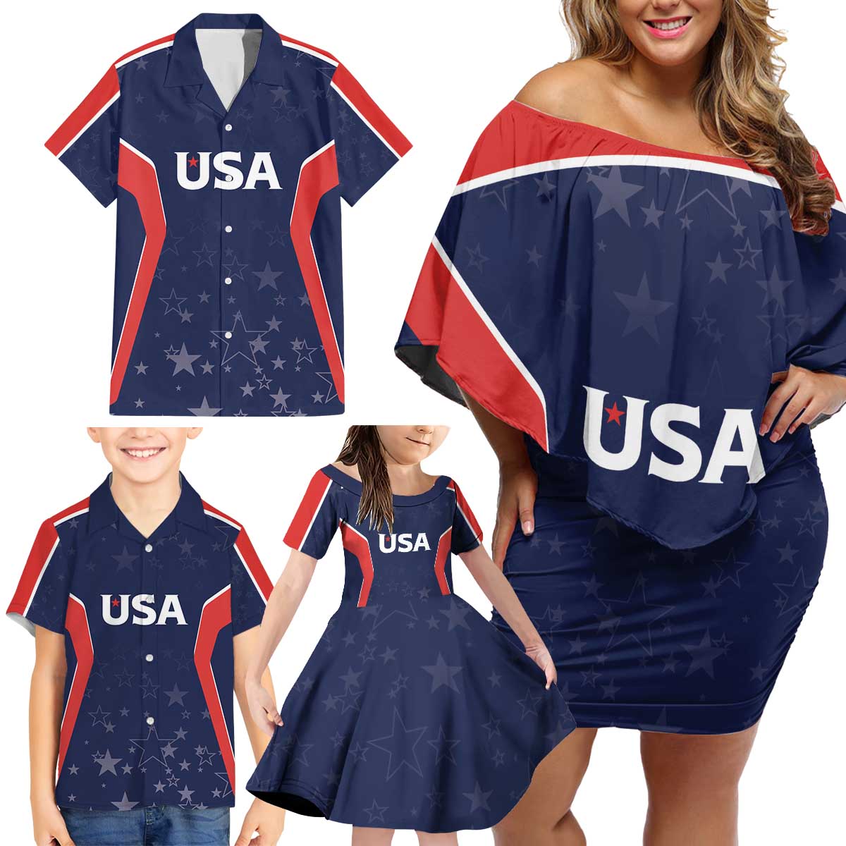 USA Cricket World Cup 2024 Custom Family Matching Off Shoulder Short Dress and Hawaiian Shirt All Stars Sprangle LT7 - Wonder Print Shop