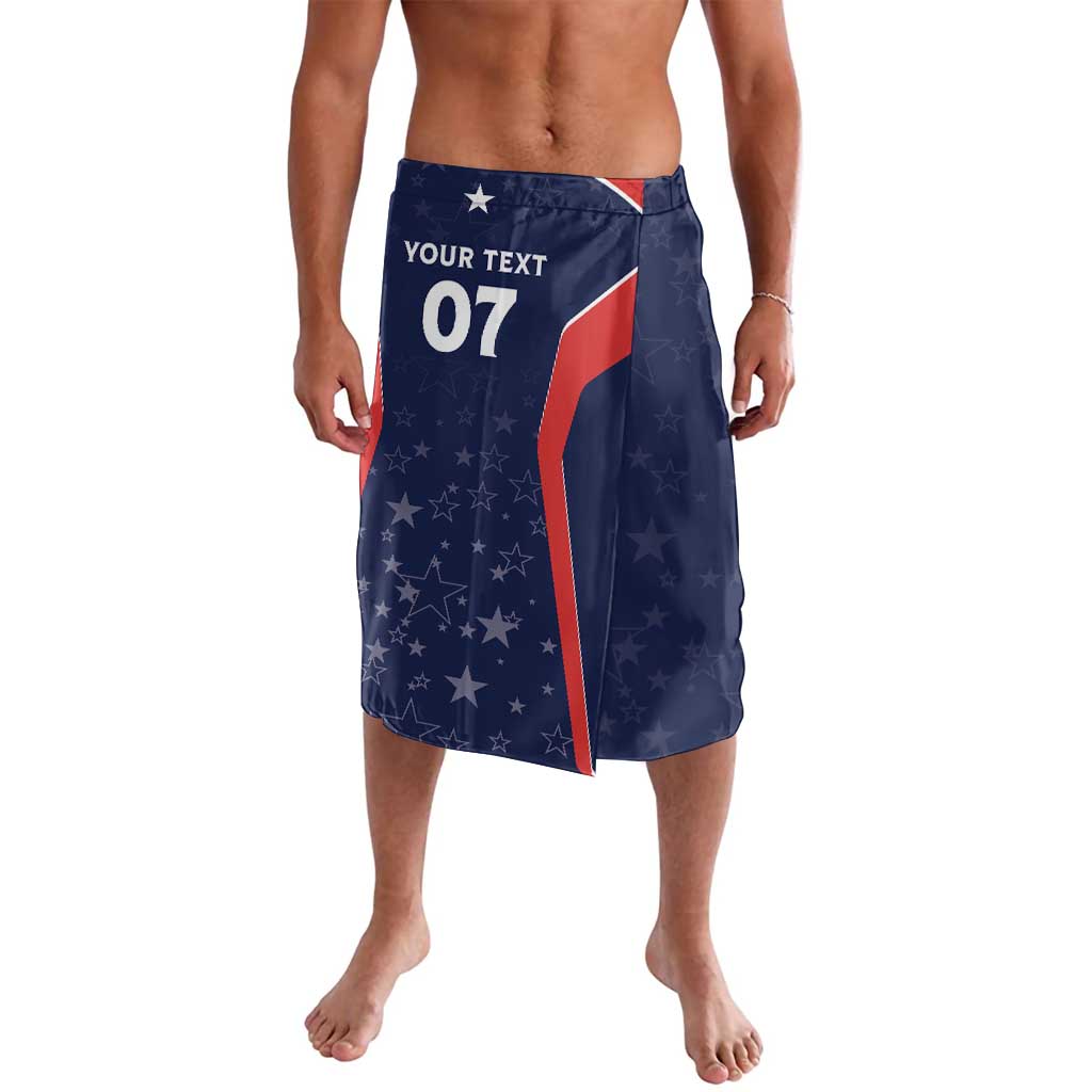 Blue cricket board shorts with stars, bold 07 print, and red-white diagonal stripe
