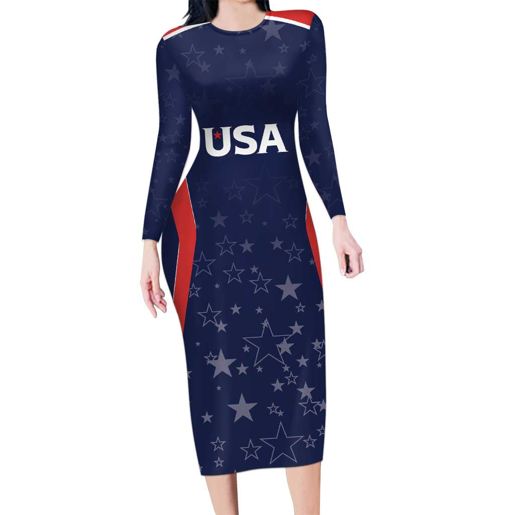 USA Cricket World Cup 2024 Custom Long Sleeve Bodycon Dress All Stars Sprangle - Wonder Print Shop