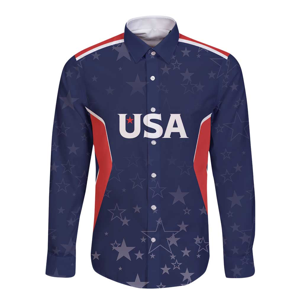 Navy long-sleeve button shirt with USA graphic, stars pattern, red side panels