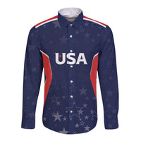 Navy long-sleeve button shirt with USA graphic, stars pattern, red side panels
