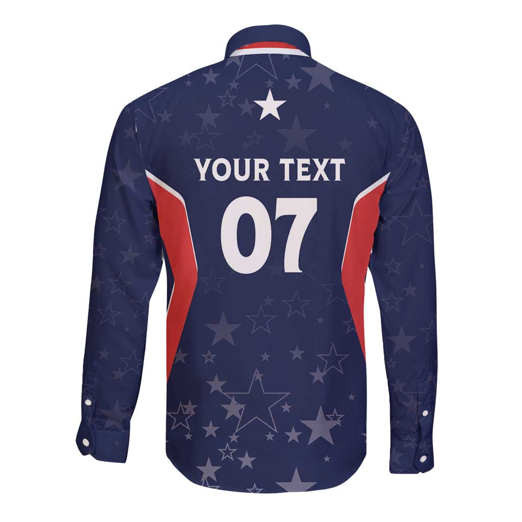 Navy long-sleeve button shirt back with 'YOUR TEXT' 07, stars pattern, red panels