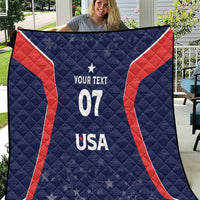 Close-up blue quilt with red side panels, your text, 07 and USA star accents