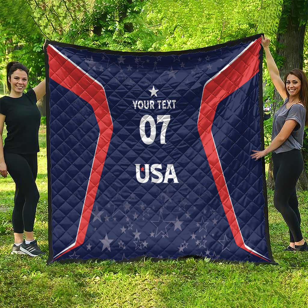 Blue quilt with red curved panels, USA text, and 07 graphic with stars