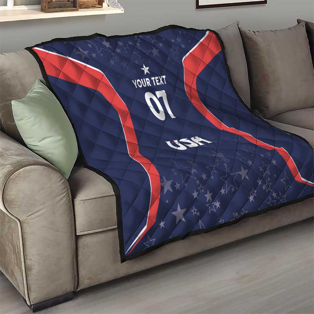 Blue quilt draped on sofa with red side panels, your text 07 and USA stars