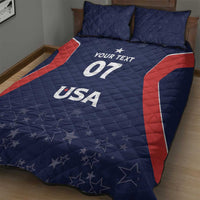 Blue quilt bed set with red panel stripes and star pattern, USA and 07 text