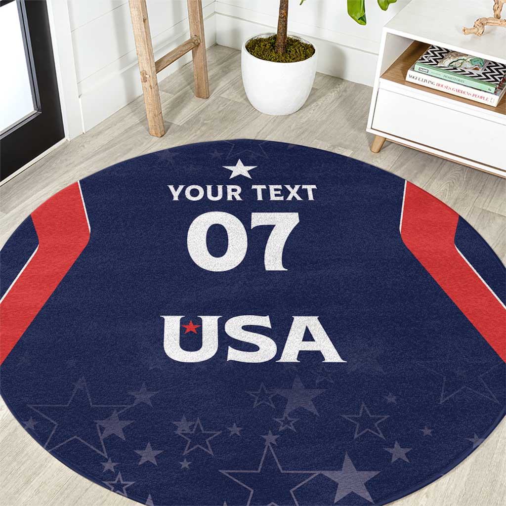 Round blue USA-themed carpet with red-white stripes and centered 'YOUR TEXT 07 USA'