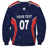 Navy unisex crewneck sweatshirt with star pattern, YOUR TEXT 07 back print, long sleeves
