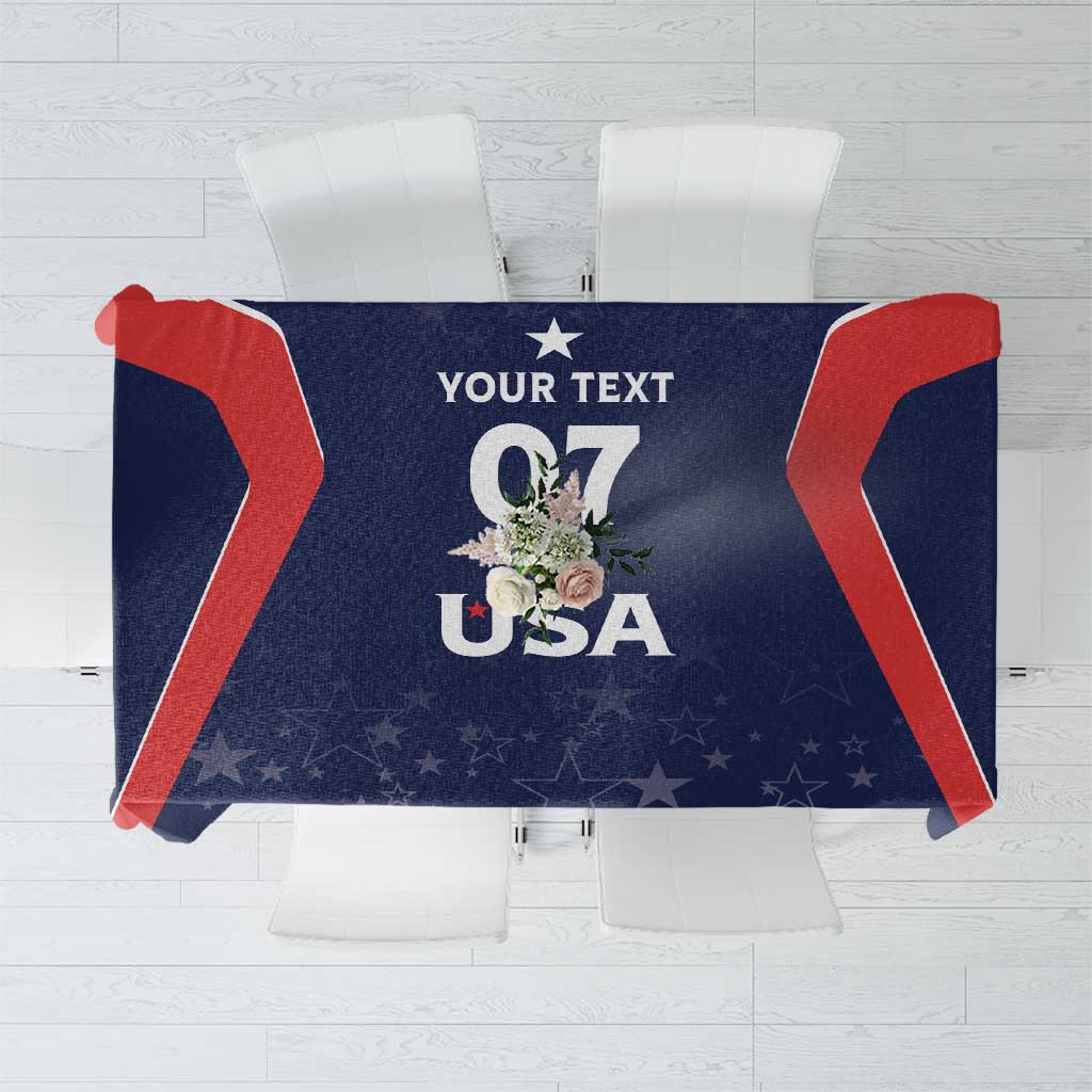 Blue USA cricket tablecloth with stars, red trim, and 'USA 07' graphic