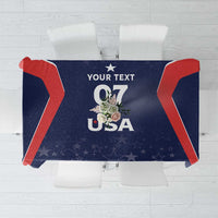 Blue USA cricket tablecloth with stars, red trim, and 'USA 07' graphic