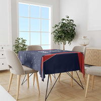 Blue USA cricket tablecloth with star pattern and red trim on a dining set