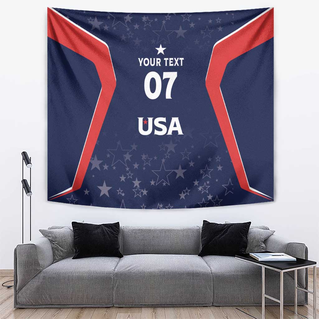 USA blue tapestry with red chevron border, star pattern, 'YOUR TEXT', '07' and 'USA'