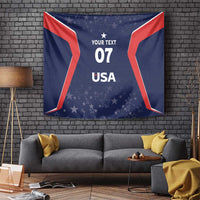 USA blue wall tapestry with red chevron edges, stars, 'YOUR TEXT', '07' and 'USA' print