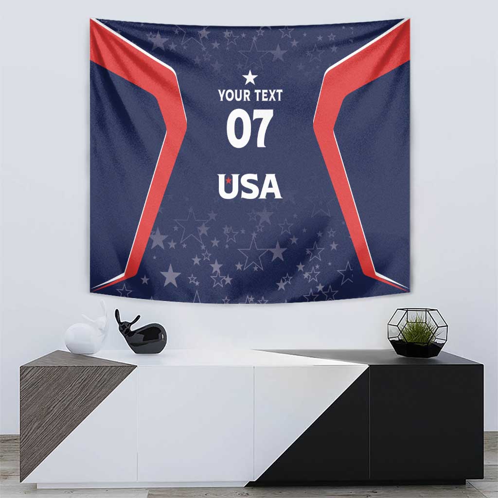 USA blue tapestry with red angled borders, star pattern, 'YOUR TEXT', '07' and 'USA'