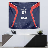 USA blue tapestry with red angled borders, star pattern, 'YOUR TEXT', '07' and 'USA'