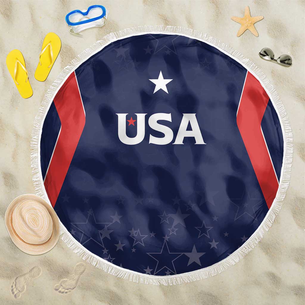 Round USA beach blanket, blue with red stripes, white fringe edge