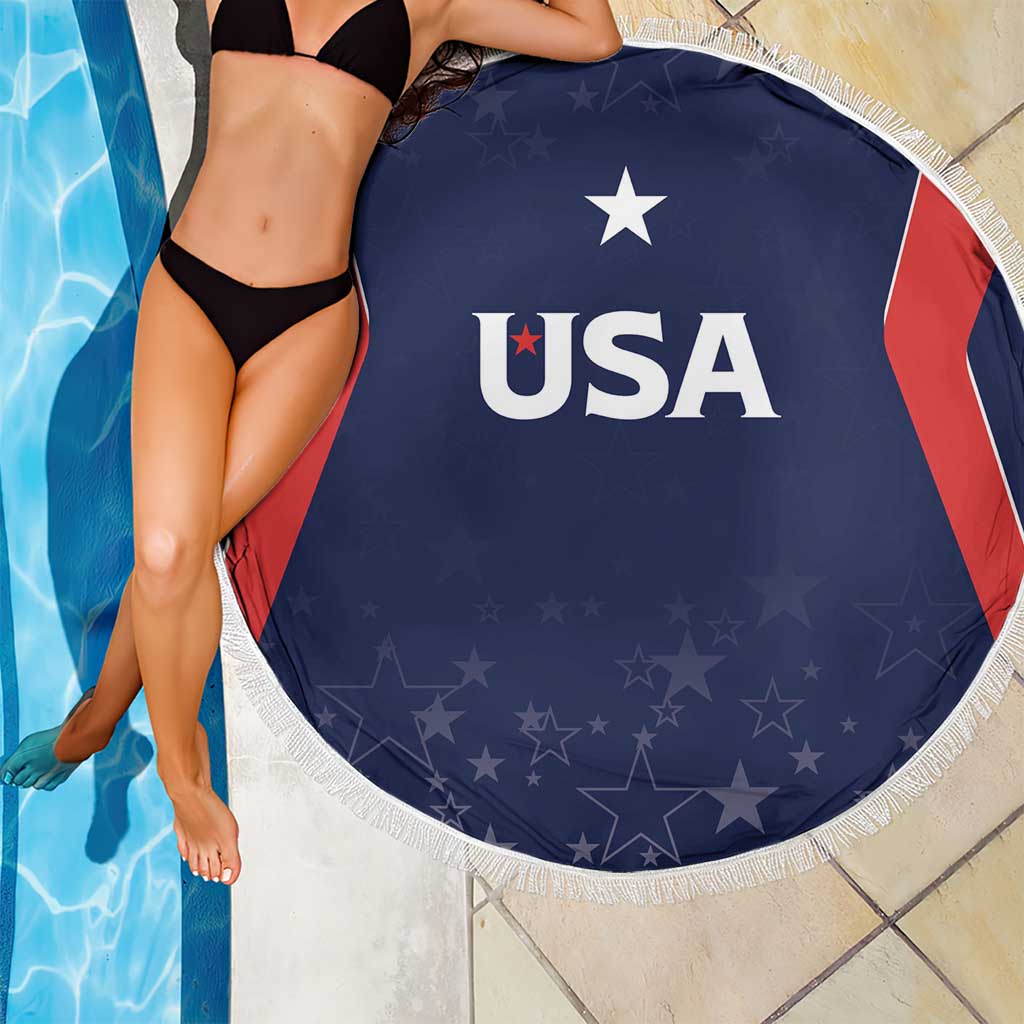 Round USA beach blanket, blue with USA logo, red stripes, white tassel fringe