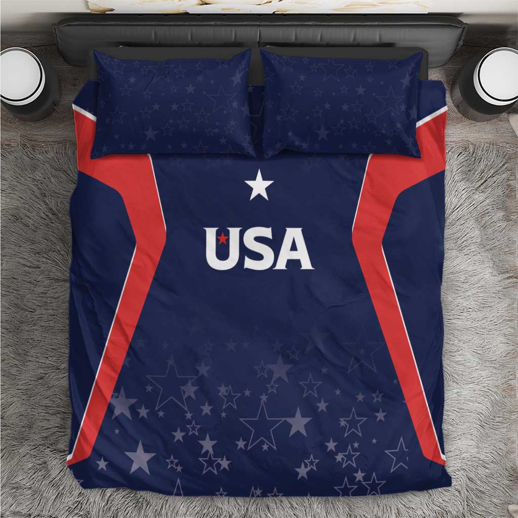 USA-themed blue bedding set with red/white stripes, star pattern, and “USA” logo