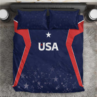 USA-themed blue bedding set with red/white stripes, star pattern, and “USA” logo