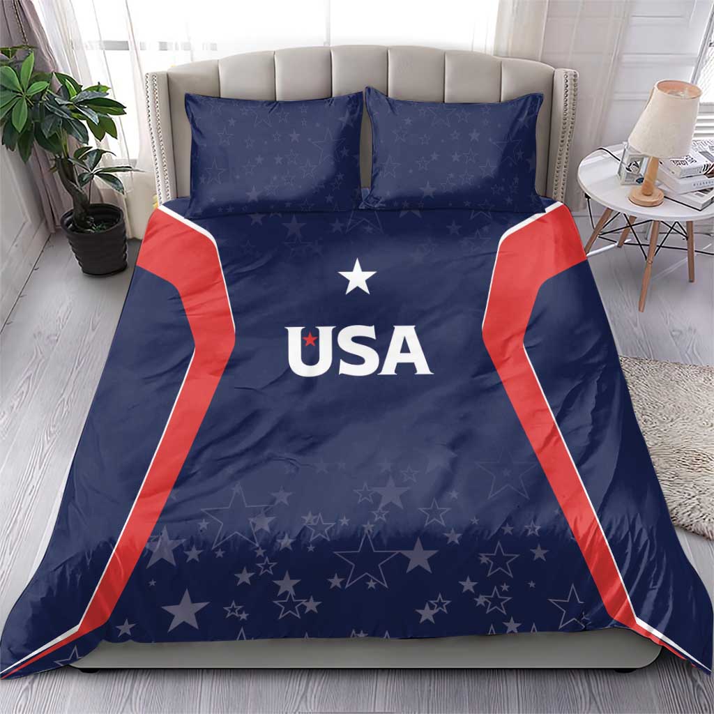 USA-themed blue duvet and pillow set with red side stripes, stars, and central “USA”