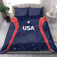 USA-themed blue duvet and pillow set with red side stripes, stars, and central “USA”
