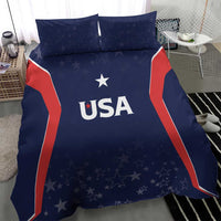USA-themed blue bedding set with “USA” logo, red stripes, and scattered star graphics